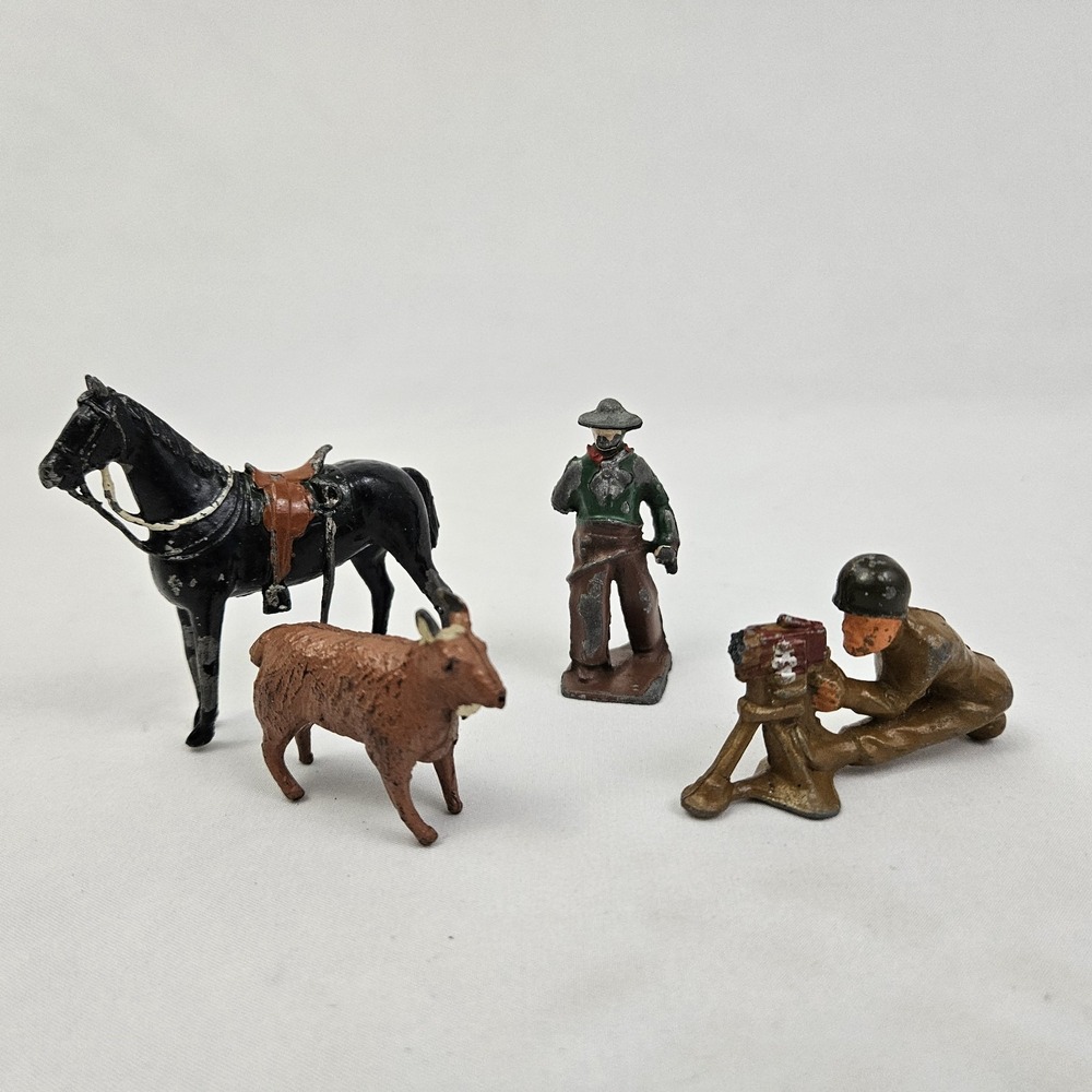 Metal Toy Figures Horse WWI Soldier Cowboy Goat Hand Painted Vintage England